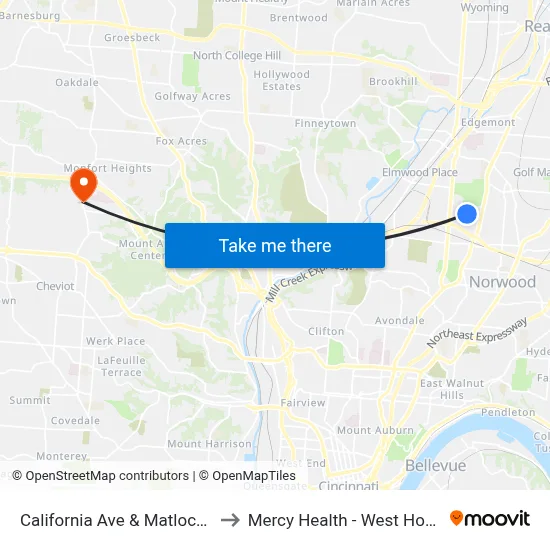 California Ave & Matlock Ave to Mercy Health - West Hospital map