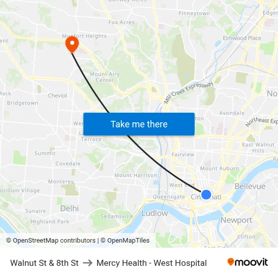 Walnut St & 8th St to Mercy Health - West Hospital map