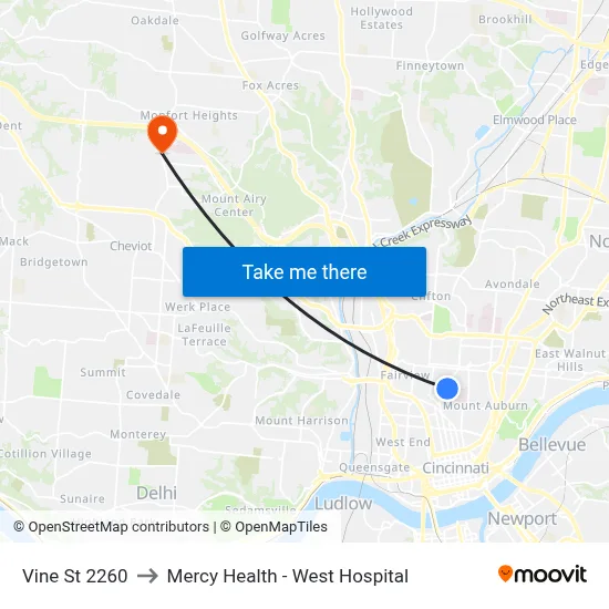 Vine St 2260 to Mercy Health - West Hospital map