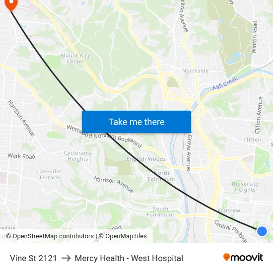 Vine St 2121 to Mercy Health - West Hospital map
