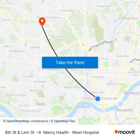 8th St & Linn St to Mercy Health - West Hospital map
