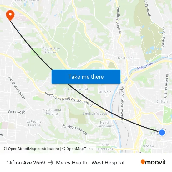 Clifton Ave 2659 to Mercy Health - West Hospital map