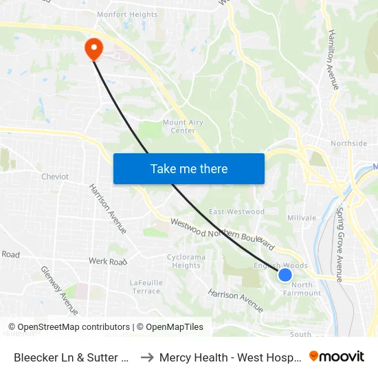 Bleecker Ln & Sutter Ave to Mercy Health - West Hospital map