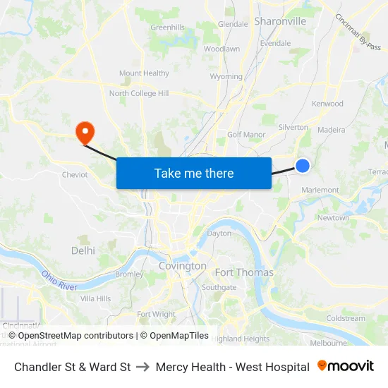 Chandler St & Ward St to Mercy Health - West Hospital map