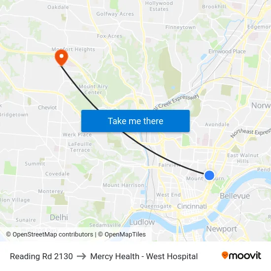 Reading Rd 2130 to Mercy Health - West Hospital map
