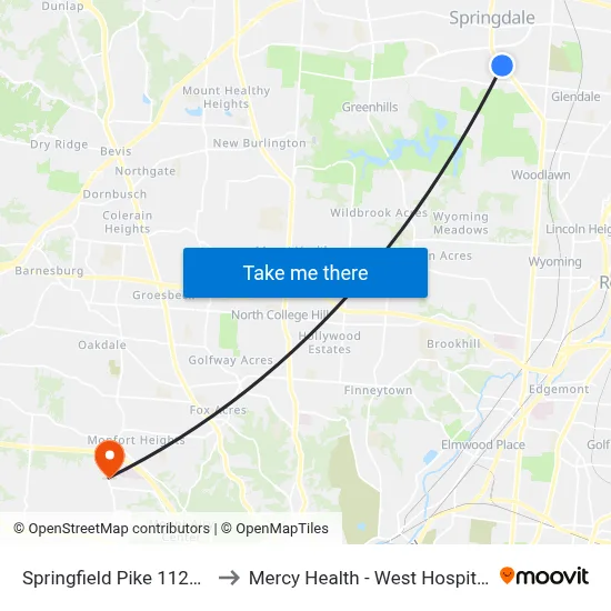Springfield Pike 11299 to Mercy Health - West Hospital map