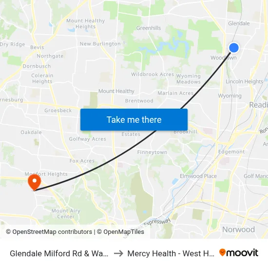 Glendale Milford Rd & Wayne Ave to Mercy Health - West Hospital map