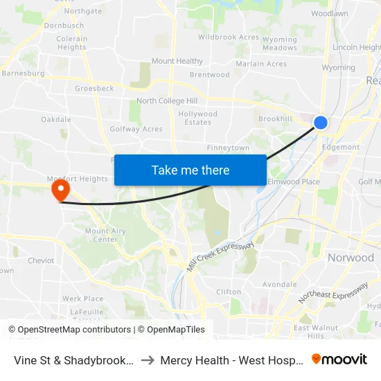 Vine St & Shadybrook Dr to Mercy Health - West Hospital map