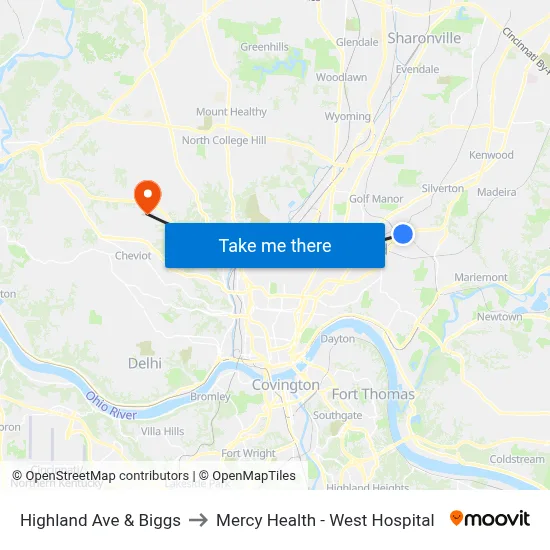 Highland Ave & Biggs to Mercy Health - West Hospital map