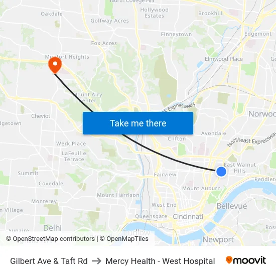 Gilbert Ave & Taft Rd to Mercy Health - West Hospital map