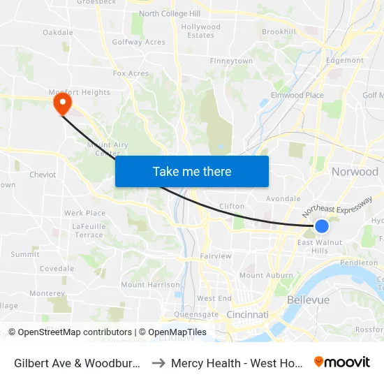 Gilbert Ave & Woodburn Ave to Mercy Health - West Hospital map