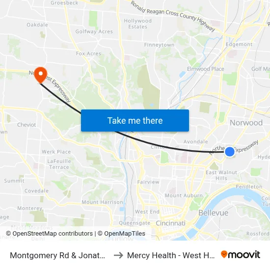 Montgomery Rd & Jonathan Ave to Mercy Health - West Hospital map
