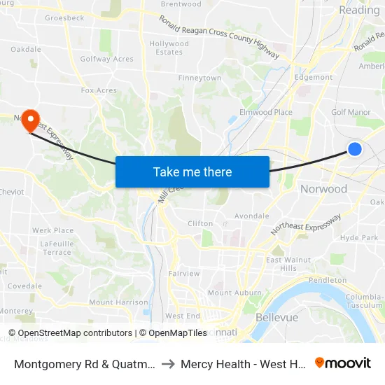 Montgomery Rd & Quatman Ave to Mercy Health - West Hospital map