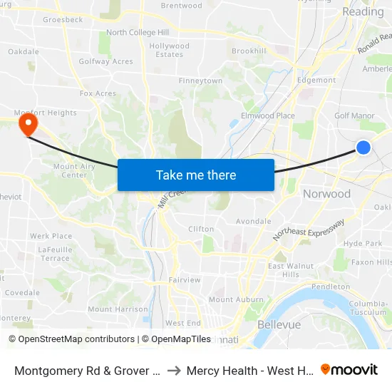 Montgomery Rd & Grover Hill Ave to Mercy Health - West Hospital map