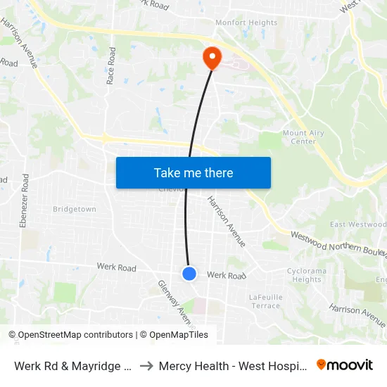 Werk Rd & Mayridge Ct to Mercy Health - West Hospital map