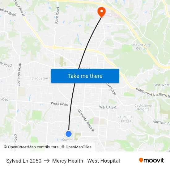 Sylved Ln 2050 to Mercy Health - West Hospital map