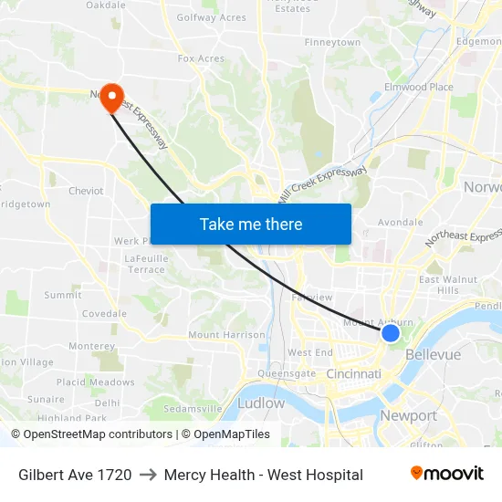 Gilbert Ave 1720 to Mercy Health - West Hospital map