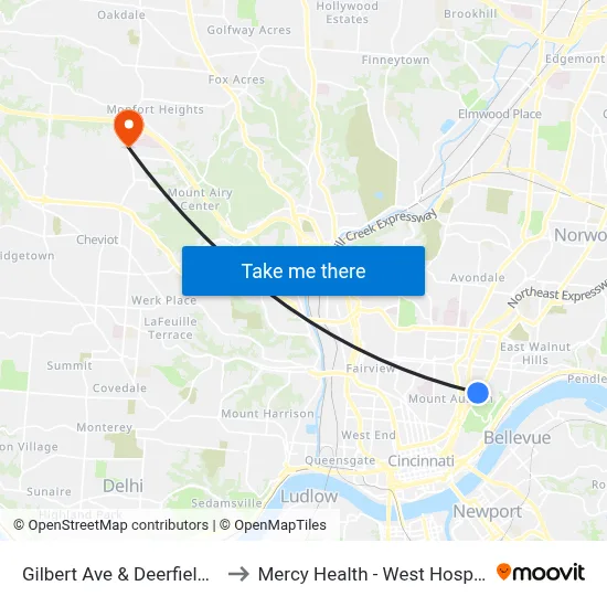 Gilbert Ave & Deerfield Pl to Mercy Health - West Hospital map