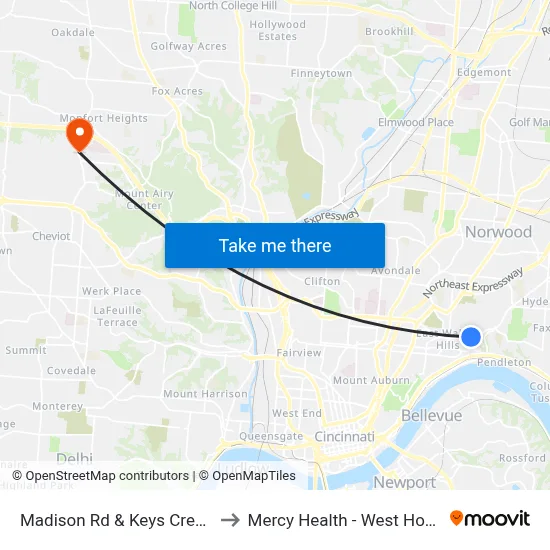 Madison Rd & Keys Crescent to Mercy Health - West Hospital map