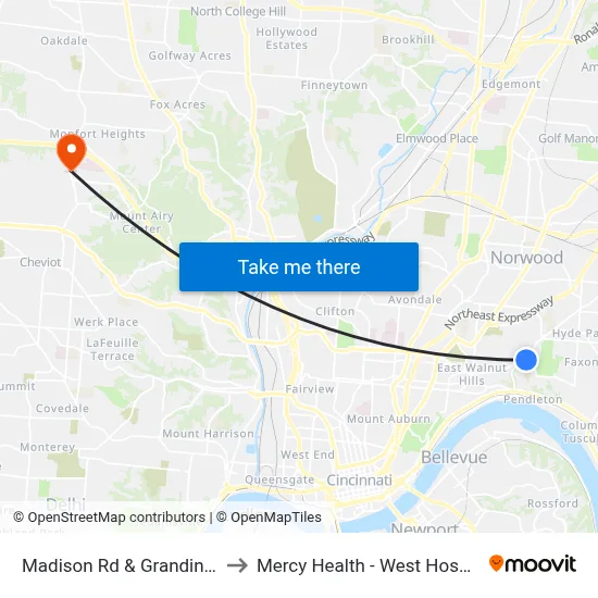 Madison Rd & Grandin Rd to Mercy Health - West Hospital map