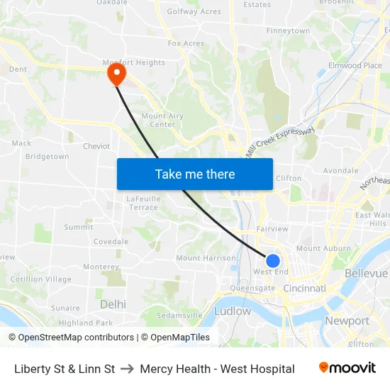 Liberty St & Linn St to Mercy Health - West Hospital map