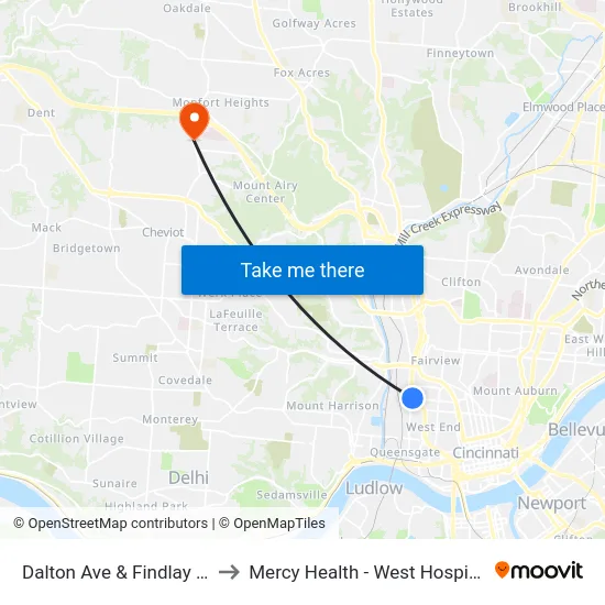 Dalton Ave & Findlay St to Mercy Health - West Hospital map