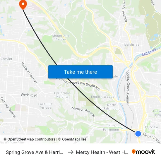 Spring Grove Ave & Harrison Ave to Mercy Health - West Hospital map