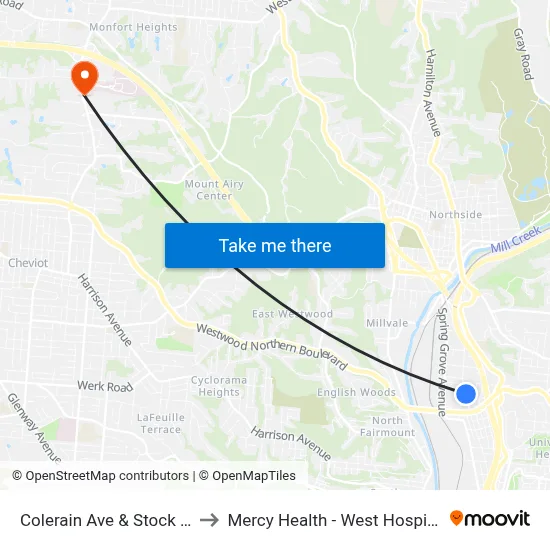 Colerain Ave & Stock St to Mercy Health - West Hospital map