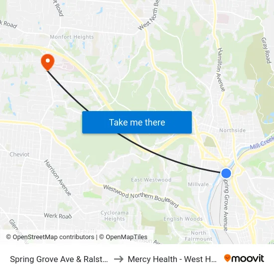 Spring Grove Ave & Ralston Ave to Mercy Health - West Hospital map