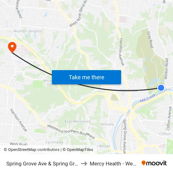 Spring Grove Ave & Spring Grove Cemetary to Mercy Health - West Hospital map