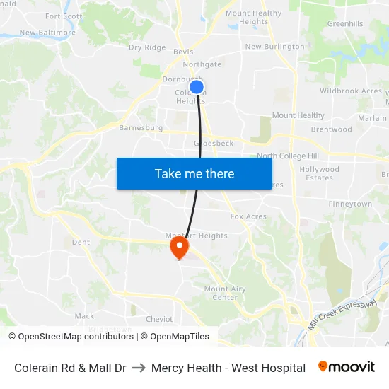 Colerain Rd & Mall Dr to Mercy Health - West Hospital map