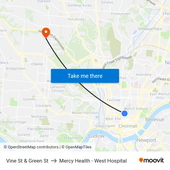 Vine St & Green St to Mercy Health - West Hospital map