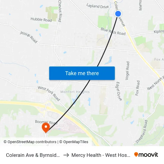 Colerain Ave & Byrnside Dr to Mercy Health - West Hospital map