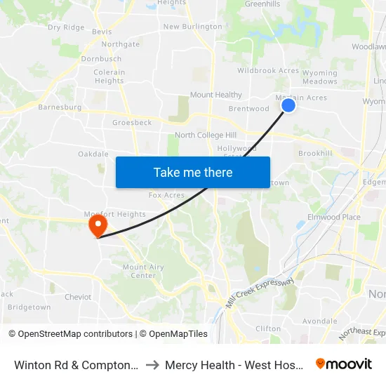 Winton Rd & Compton Rd to Mercy Health - West Hospital map