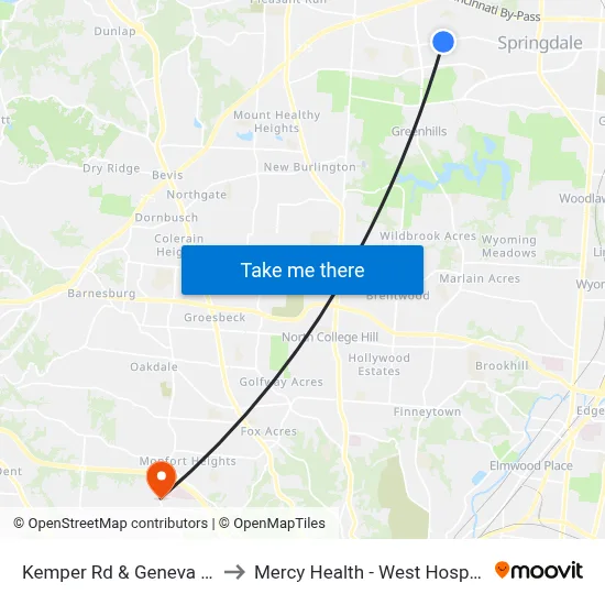 Kemper Rd & Geneva Rd to Mercy Health - West Hospital map