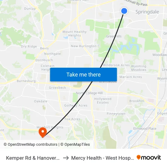 Kemper Rd & Hanover Rd to Mercy Health - West Hospital map
