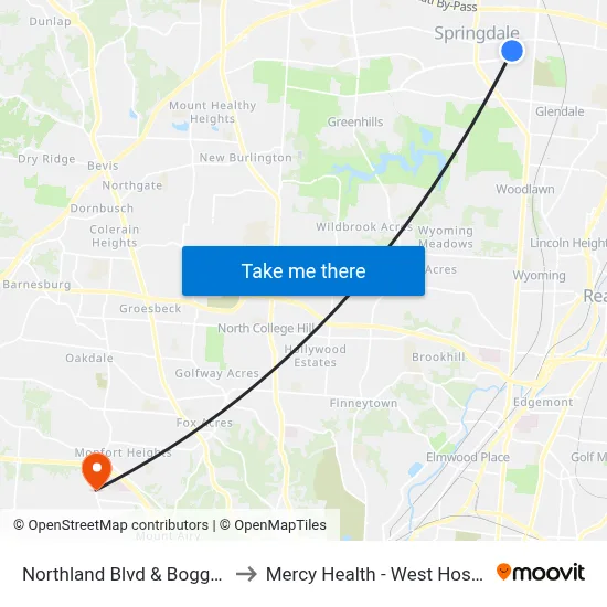 Northland Blvd & Boggs Ln to Mercy Health - West Hospital map