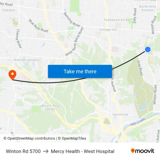 Winton Rd 5700 to Mercy Health - West Hospital map