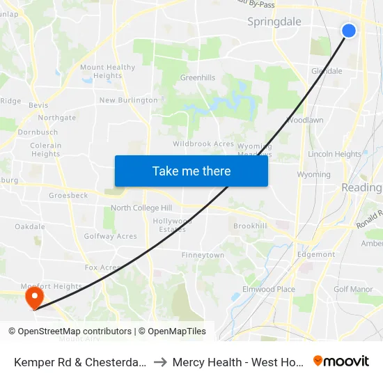 Kemper Rd & Chesterdale Rd to Mercy Health - West Hospital map