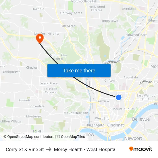 Corry St & Vine St to Mercy Health - West Hospital map