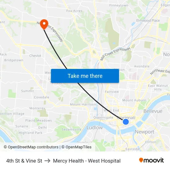 4th St & Vine St to Mercy Health - West Hospital map