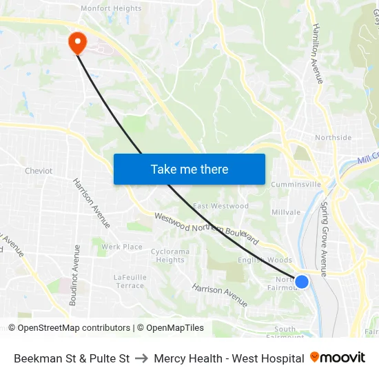 Beekman St & Pulte St to Mercy Health - West Hospital map