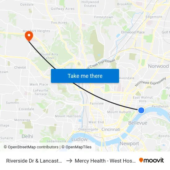 Riverside Dr & Lancaster St to Mercy Health - West Hospital map
