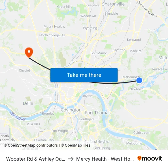 Wooster Rd & Ashley Oaks Dr to Mercy Health - West Hospital map