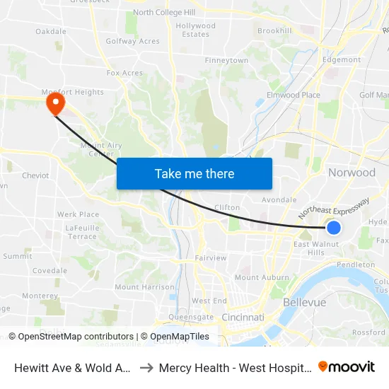 Hewitt Ave & Wold Ave to Mercy Health - West Hospital map