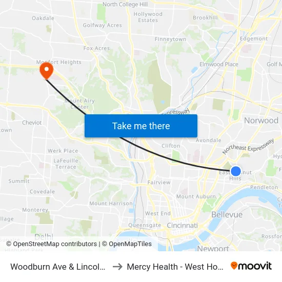Woodburn Ave & Lincoln Ave to Mercy Health - West Hospital map