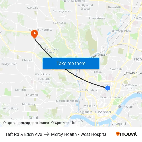 Taft Rd & Eden Ave to Mercy Health - West Hospital map