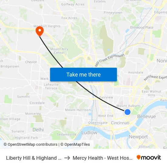 Liberty Hill & Highland Ave to Mercy Health - West Hospital map