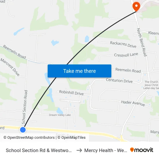 School Section Rd & Westwood Northern Blvd to Mercy Health - West Hospital map