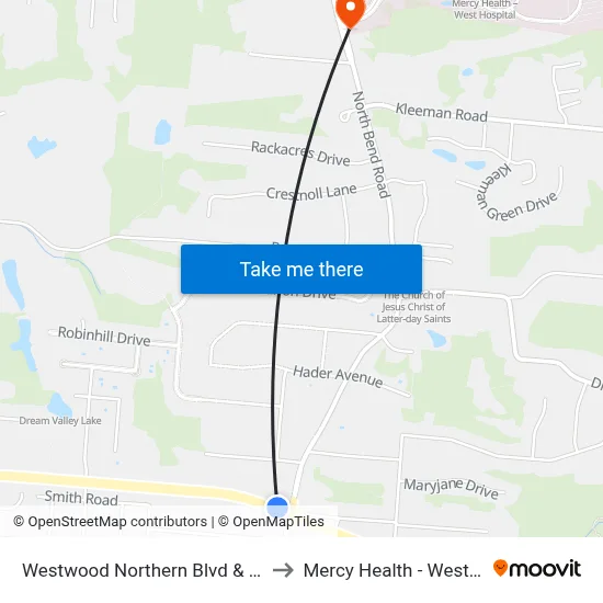Westwood Northern Blvd & North Bend to Mercy Health - West Hospital map
